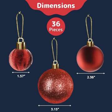 Prextex 36pc Shatterproof Christmas Ball Ornaments Set - Festive Christmas Balls Different Sizes - Red, 6 Styles in 3 Sizes, with Hanging Loops for Tree, Wreath, Party Decor