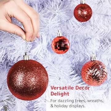 Prextex 36pc Shatterproof Christmas Ball Ornaments Set - Festive Christmas Balls Different Sizes - Red, 6 Styles in 3 Sizes, with Hanging Loops for Tree, Wreath, Party Decor