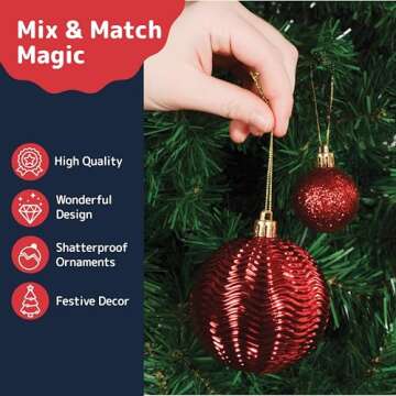 Prextex 36pc Shatterproof Christmas Ball Ornaments Set - Festive Christmas Balls Different Sizes - Red, 6 Styles in 3 Sizes, with Hanging Loops for Tree, Wreath, Party Decor