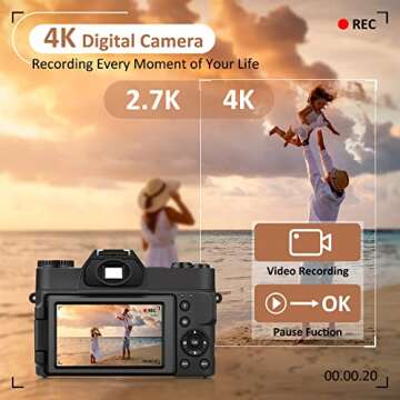 JUSTFX 4K Digital Camera,Vlogging Camera with WiFi for YouTube,Autofocus 16X Zoom 48MP Cameras Photography 64GB SD Card,Wide Angle & Macro Lens,2 Batteries,180°Flip Screen,Black