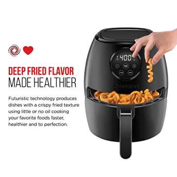 CHEFMAN Small Air Fryer Healthy Cooking, 3.6 Qt, User Friendly, Nonstick, Digital Touch Screen, Dishwasher Safe Basket, w/ 60 Minute Timer & Auto Shutoff, Matte Black, Cookbook Included