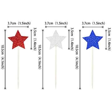 36 PCS Glitter Star Independence Day Cupcake Toppers Blue Red and Silver 4th of July Cupcake Picks American National Day Theme Birthday Party Cake Decorations Supplies