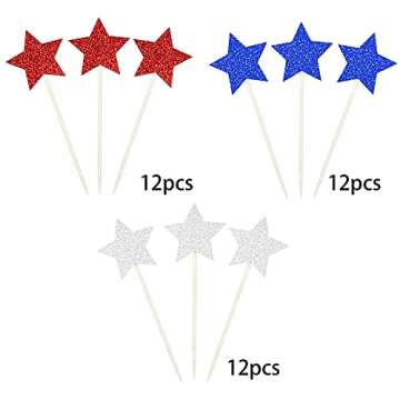 36 PCS Glitter Star Independence Day Cupcake Toppers Blue Red and Silver 4th of July Cupcake Picks American National Day Theme Birthday Party Cake Decorations Supplies