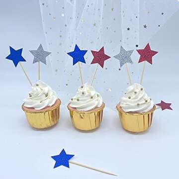 36 PCS Glitter Star Independence Day Cupcake Toppers Blue Red and Silver 4th of July Cupcake Picks American National Day Theme Birthday Party Cake Decorations Supplies