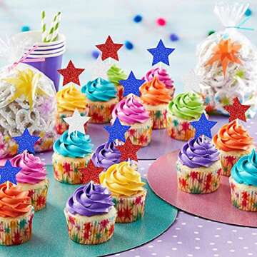 36 PCS Glitter Star Independence Day Cupcake Toppers Blue Red and Silver 4th of July Cupcake Picks American National Day Theme Birthday Party Cake Decorations Supplies