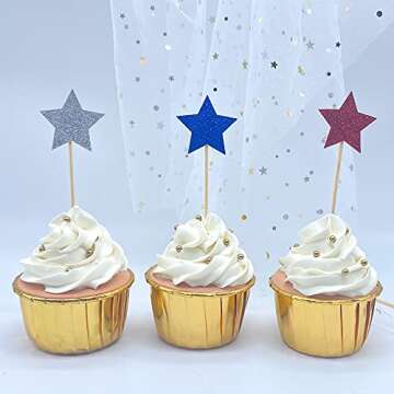 36 PCS Glitter Star Independence Day Cupcake Toppers Blue Red and Silver 4th of July Cupcake Picks American National Day Theme Birthday Party Cake Decorations Supplies