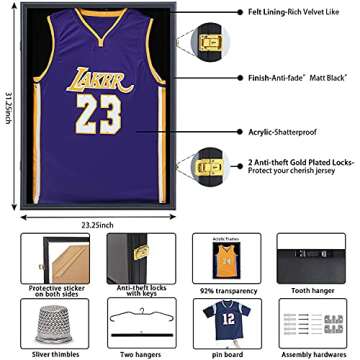 Jersey Display Frame Case, Large Lockable Shadow Box Sports Jersey Frame with 98% UV Protection Acrylic and 2 Hanger for Baseball Basketball Football Soccer Hockey Shirt,Uniform, Graduates Black