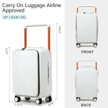 MILADA Luggage Hard Shell Suitcases Airline Approved Carry On Luggage 22x14x9 TSA Approved Luggage 20 Inch Front Opening Pocket Suitcase with Wheels Travel Luggage Wide Handle, White