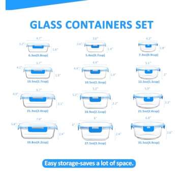 KOMUEE 24 Pieces Glass Food Storage Containers Set,Glass Meal Prep Containers Set with Lids-Stackable Airtight Glass Storage Containers with lids, Freezer to Oven Safe,Blue