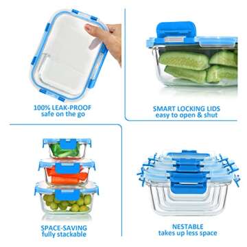 KOMUEE 24 Pieces Glass Food Storage Containers Set,Glass Meal Prep Containers Set with Lids-Stackable Airtight Glass Storage Containers with lids, Freezer to Oven Safe,Blue