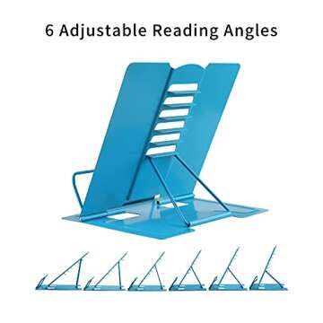 MSDADA Book Stand Metal Reading Rest Book Holder Adjustable Cookbook Documents Holder Portable Sturdy Bookstands for Recipes Textbooks Tablet Music Books with Page Clips (Sky Blue)