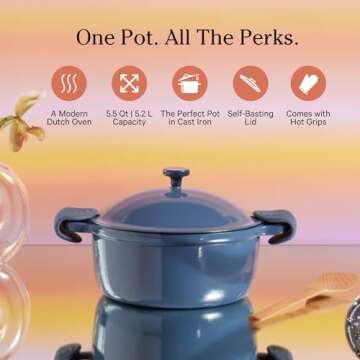 Our Place Cast Iron Perfect Pot | 6-in-1 Multifunctional 5.5 Qt. Toxin-Free Enameled Dutch Oven with Self-Basting Lid | Hot Grips & Beechwood Scraper | Induction Cooktop and Oven Safe | Blue Salt