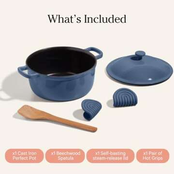 Our Place Cast Iron Perfect Pot | 6-in-1 Multifunctional 5.5 Qt. Toxin-Free Enameled Dutch Oven with Self-Basting Lid | Hot Grips & Beechwood Scraper | Induction Cooktop and Oven Safe | Blue Salt