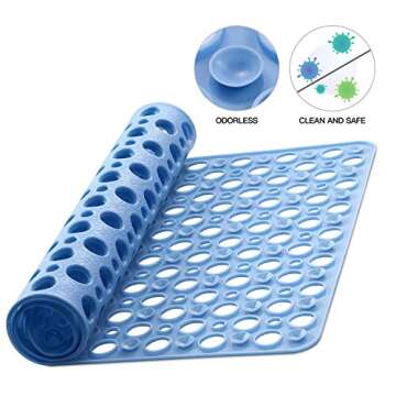 YINENN Bath Shower Mat Non Slip with Suction Cups, TPE Shower Safety Mat and Phtahlate Latex Free, Machine Washable Bath Mat for Tub, Soft Bathroom Mats with Drain Holes 30 x 17 Inch, Light Blue