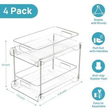 2 Tier Bathroom Storage Organizer, Vtopmart 4 Pack Clear Under Sink Organizers Vanity Counter Storage Container, Medicine Cabinet Drawers Bins, Pull-Out Organization with Track for Pantry, Kitchen