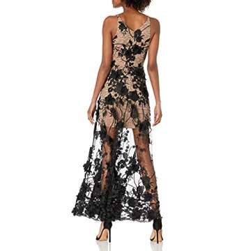 DRESS THE POPULATION womens Embellished Plunging Gown Sleeveless Floral Long Dress, Black/Nude Sidney, Small US