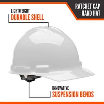 Malta Dynamics Made in US 4 Pt. Suspension Hard Hat, Ratchet Cap Style, Construction Hard Hat for Safety, OSHA/ANSI Compliant (1 Pack, White)