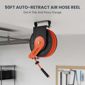 Giraffe Tools TA15 Retractable Air Hose Reel Swivel 3/8" x 50 ft Hybrid Hose, Max 300 PSI, Ceiling/Wall Mounted Heavy Duty Industrial Commercial Air Compressor Reel, 50ft, Tangelo