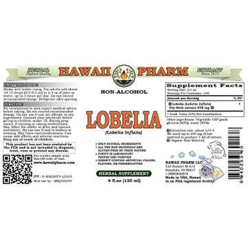 Lobelia Alcohol-Free Liquid Extract, Organic Lobelia (Lobelia Inflata) Dried Herb Glycerite Hawaii Pharm Natural Herbal Supplement 2 oz