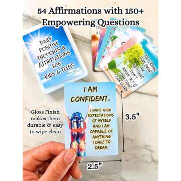 Positive Affirmation Cards for Kids and Teens - 54 Affirmations, 150+ Inspirational Questions with Storage Box - Inspire confidence and Positive attitude - Self Care Kit & Mindfulness Gift