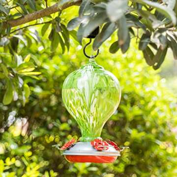 LaElvish Garden Hummingbird Feeders for Outdoors Hanging, 32OZ Hand Blown Glass Hummingbird Feeder for Outside, 4 Perch Ant Moat Leakproof, Garden Decor Bird Gifts for Mom (Spring Vigour)