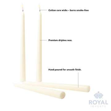 Royal Imports Unscented Taper Candles, Elegant Premium Quality, Dripless & Smokeless, Hand-Dipped Dinner Candles for Wedding, Holiday, Home Decor - 7 Hour Burn Time - Set of 12 (10 Inch, Ivory)