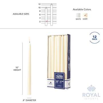 Royal Imports Unscented Taper Candles, Elegant Premium Quality, Dripless & Smokeless, Hand-Dipped Dinner Candles for Wedding, Holiday, Home Decor - 7 Hour Burn Time - Set of 12 (10 Inch, Ivory)