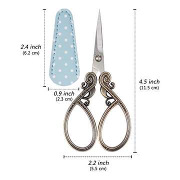 Hisuper Craft Scissors 4.5 inch Embroidery Sewing Scissors with Leather Sheaths for Sewing Crafting, Art Work, Threading, Needlework DIY Tools Small Stainless Steel Shears Scissor