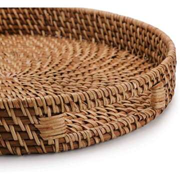 11 inch Rattan Tray, Round Wicker Tray with Cut-Out Handles, Woven Serving Tray for Dining / Coffee Table