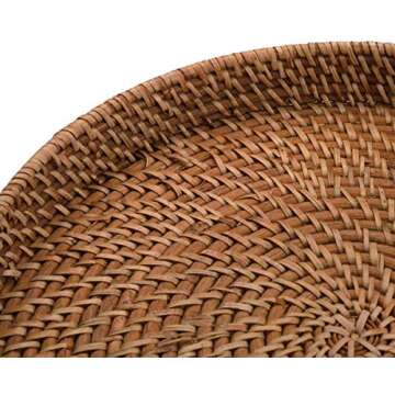 11 inch Rattan Tray, Round Wicker Tray with Cut-Out Handles, Woven Serving Tray for Dining / Coffee Table