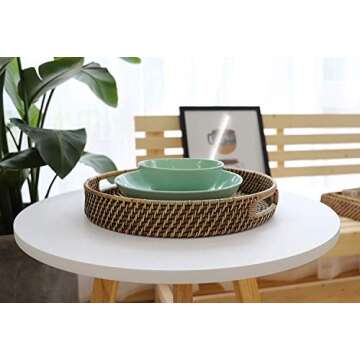 11 inch Rattan Tray, Round Wicker Tray with Cut-Out Handles, Woven Serving Tray for Dining / Coffee Table