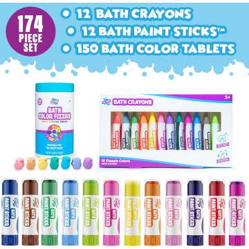 Tub Works® My Bath Colors™ Bath Toy Set | Nontoxic | Fizzy Bath Color Tablets (150 Count), Smooth™ Bath Crayons (12 Pack), & Bath Paint Sticks™ (12 Pack) | Creative Kids Bath & Toddler Bath Toys