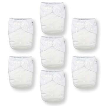 Nora's Nursery Cloth Diapers 7 Pack with 7 Inserts & 1 Wet Bag - Waterproof Cover, Washable, Reusable & One Size Adjustable Pocket Diapers for Newborns and Toddlers - Winter White