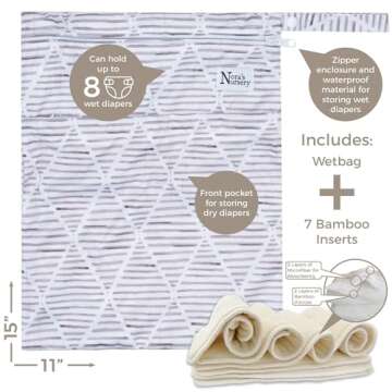 Nora's Nursery Cloth Diapers 7 Pack with 7 Inserts & 1 Wet Bag - Waterproof Cover, Washable, Reusable & One Size Adjustable Pocket Diapers for Newborns and Toddlers - Winter White