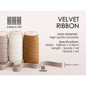 Vitalizart Velvet Ribbon Nude Ivory Set 3/8" x 15 Yd Wooden Spool Fabric Trim 3 Rolls * 5 Yd for Christmas Wreath Decoration Handmade Craft Ornaments Gift Wrapping & Bow Making