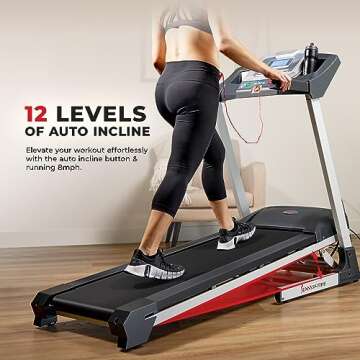 Sunny Health & Fitness Performance Treadmill Features Auto Incline, Dedicated Speed Buttons, Double Deck Technology, Digital Performance Display with BMI Calculator and Pulse Sensors