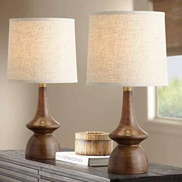 360 Lighting Rexford Mid Century Modern Table Lamps 24" Tall Set of 2 Walnut Brown Faux Wood Off White Drum Shade for Bedroom Living Room House Home Bedside Nightstand Office Kids Family