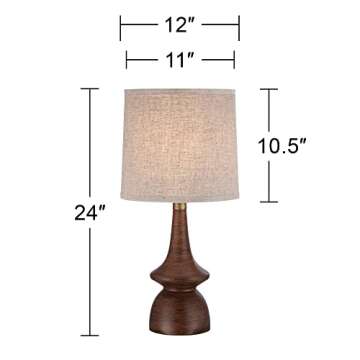 360 Lighting Rexford Mid Century Modern Table Lamps 24" Tall Set of 2 Walnut Brown Faux Wood Off White Drum Shade for Bedroom Living Room House Home Bedside Nightstand Office Kids Family