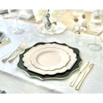 " OCCASIONS " 50 Plates Pack (25 Guests)-Heavyweight Wedding Party Disposable Plastic Plate Set -(25x10.5'' Dinner + 25x8'' Salad/Dessert) (Imperial Ivory & Gold)