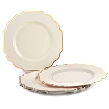 " OCCASIONS " 50 Plates Pack (25 Guests)-Heavyweight Wedding Party Disposable Plastic Plate Set -(25x10.5'' Dinner + 25x8'' Salad/Dessert) (Imperial Ivory & Gold)