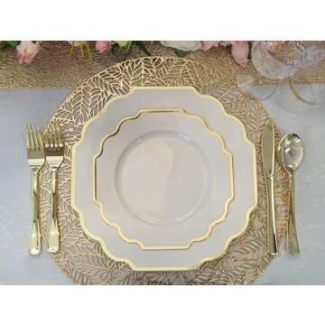 " OCCASIONS " 50 Plates Pack (25 Guests)-Heavyweight Wedding Party Disposable Plastic Plate Set -(25x10.5'' Dinner + 25x8'' Salad/Dessert) (Imperial Ivory & Gold)