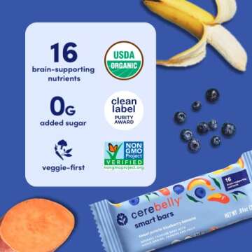 Cerebelly Toddler Snack Bars – Organic Sweet Potato Blueberry Banana Smart Bars (Pack of 5), Healthy Snack Bars for Kids - Made with Gluten Free Ingredients, Nut Free, No Added Sugar, Organic Bars