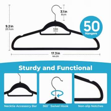 Fontaines Luxury Black Velvet Felt Non Slip Clothes Hangers 50 Pack - Ultra Slim & Space Saving - Heavy Duty Swivel Black Hook for Clothing, Suit, Top, Tie, Shirt, Skirt & Pant Organization