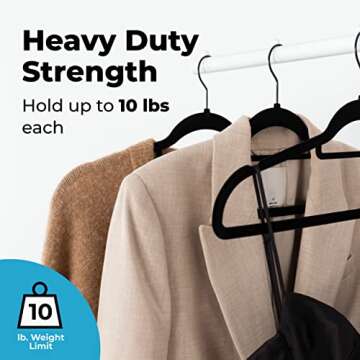 Fontaines Luxury Black Velvet Felt Non Slip Clothes Hangers 50 Pack - Ultra Slim & Space Saving - Heavy Duty Swivel Black Hook for Clothing, Suit, Top, Tie, Shirt, Skirt & Pant Organization