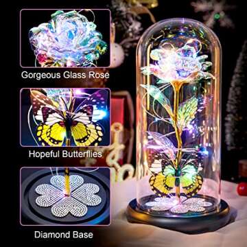 Christmas Rose Gifts for Women, Galaxy Glass Rose Forever Eternal Crystal Flower Light Up Rose in Glass Dome with Butterfly Anniversary Birthday Gifts Xmas Gifts for Mom Grandma Wife Friend Colorful