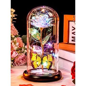 Christmas Rose Gifts for Women, Galaxy Glass Rose Forever Eternal Crystal Flower Light Up Rose in Glass Dome with Butterfly Anniversary Birthday Gifts Xmas Gifts for Mom Grandma Wife Friend Colorful