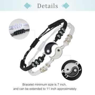 Best Friend Bracelets for 2 Matching Yin Yang Adjustable Cord Bracelet for Bff Friendship Relationship Boyfriend Girlfriend Valentines Gift