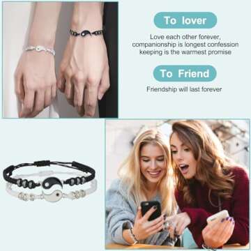 Best Friend Bracelets for 2 Matching Yin Yang Adjustable Cord Bracelet for Bff Friendship Relationship Boyfriend Girlfriend Valentines Gift