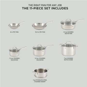 T-fal Gourmet Stainless Steel Cookware Set 11 Piece, Induction, Oven Broiler Safe 500F, Kitchen Cooking Set w/ Fry Pans, Saucepans, Sautepan, Dutch Oven, Steamer, Pots and Pans, Dishwasher Safe Silver