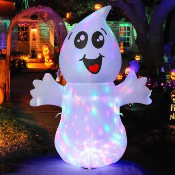 GOOSH 5 FT Halloween Cute Ghost Inflatable with 360° Rotating Magic Light, Blow Up Yard Decoration with LED Lights Built-in for Holiday/Outdoor/Yard/Garden